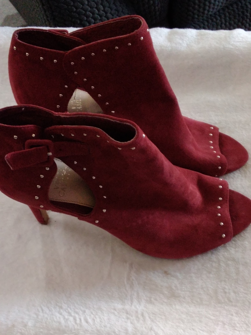 Vince Camuto Burgundy Suede Peep-Toe Studded Ankle Booties